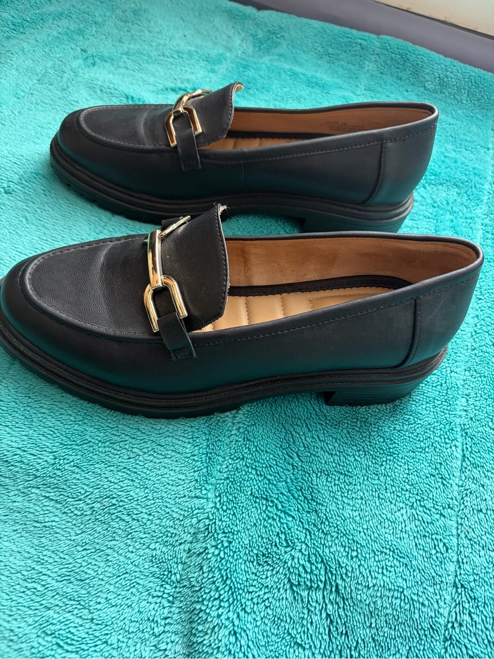 Rachel Zoe Black Leather Loafers with Gold Buckle